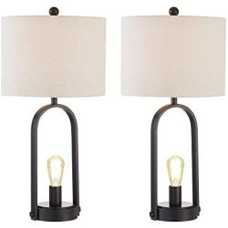 Maxax Table Lamps Set of 2 with Oatmeal Fabric Drum Shade Industrial Nightstand Lamps for Living Room Bedroom Bedside Nightstand,Black Finish