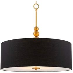 Kira Home Adelade 22'' Modern 3-Light Drum Pendant Chandelier, Black Fabric Shade, Tempered Glass Diffuser, Adjustable Height, Warm Brass Finish