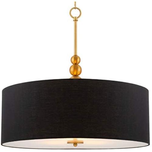 Kira Home Adelade 22'' Modern 3-Light Drum Pendant Chandelier, Black Fabric Shade, Tempered Glass Diffuser, Adjustable Height, Warm Brass Finish
