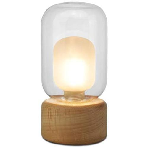 Small Table Lamp, Imego Desk Ambient Light with Glass Shade, Modern Accent Lamp Wood Base, Bedside Nightstand Lamp for Bedroom, Living Room