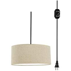 ANYE 15ft Plug-in UL On/Off Dimmer Switch Cord 1-Light Emelia Rustic Lodge Burlap Drum Pendant Lights Cafe Lights for Dining Room Cafe Restaurant Bulbs Not Included　TB0946-4.5M