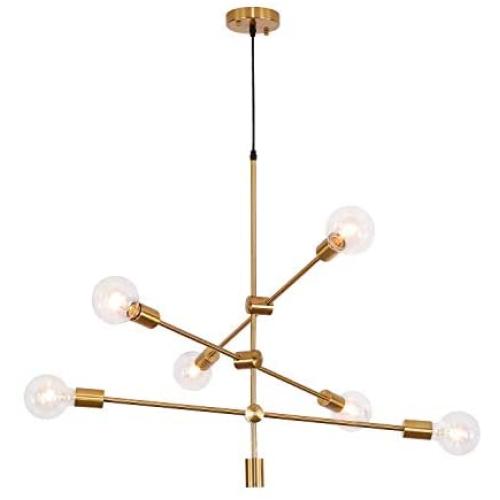 Sputnik Chandelier 6 Lights,Gold Pendant Light Fixture,Industrial Brass Ceiling Lighting for Dining Room Kitchen Island Bedroom Hallway