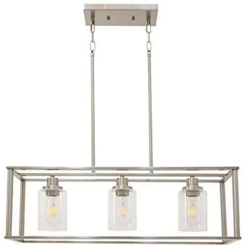 VINLUZ 3 Light Linear Chandeliers Brushed Nickel with Clear Glass Shade Modern Kitchen Island Pendant Dining Room Light Fixture Hanging Farmhouse Ceiling Light for Living Room Bar