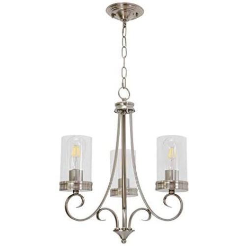 Lucidce 3-Light Modern Chandeliers with Clear Glass Shades, Dining Room Light Brushed Nickel Finish Farmhouse Lighting Fixtures Ceiling Adjustable Chain Hanging Pendant Lights for Kitchen Island