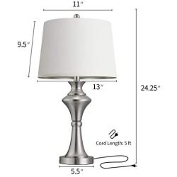 Oneach Modern USB Table Lamps Set of 2 for Living Room Bedroom 24.5“ Brushed Nickel Bedside Nightstand Lamps with Fabric Lampshade Silver