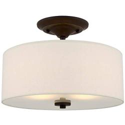 Kira Home Addison 13'' 2-Light Semi-Flush Mount Ceiling Light Fixture with Off-White Fabric Drum Shade, Bronze Finish