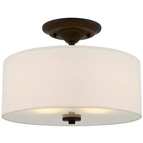 Kira Home Addison 13'' 2-Light Semi-Flush Mount Ceiling Light Fixture with Off-White Fabric Drum Shade, Bronze Finish