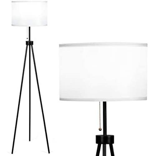 Tangkula 60.5'' Metal Tripod Floor Lamp, Contemporary Minimalist Standing Floor Light with Iron Legs, Fabric Drum Shade, E26 Lamp Base, Mid Century Modern Reading Light for Living Room, Bedroom