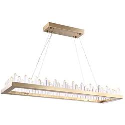 Siljoy Modern Rectangle Crystal Chandelier Gold Hanging Pendant Lighting LED Light Fixture with Metal Base Icicle Shade for Dining Table Kitchen Island Living Room, Length 39.3 Inches