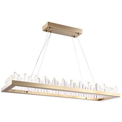 Siljoy Modern Rectangle Crystal Chandelier Gold Hanging Pendant Lighting LED Light Fixture with Metal Base Icicle Shade for Dining Table Kitchen Island Living Room, Length 39.3 Inches