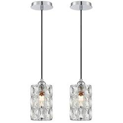 Doraimi 1 Light Polygon Crystal Pendant Lighting (Set of 2) with Chrome Finish, Modern Style Ceiling Light Fixture with Polyhedral Crystal Shade for Foyer Dining Room Family Room