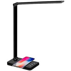 Desk Lamp LED Wireless Charger - USB Charging Port 5 Lighting Modes 5 Brightness Levels Sensitive Control Auto Timer Eye-Caring Study Work Home Office Lamp for Kids Children (Black)