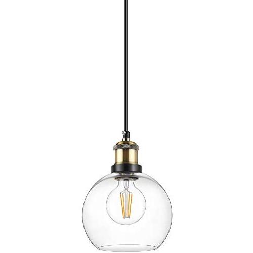 WENFENG Industrial Mini Pendant Light Fixtures, Adjustable Height Flush Mount Hanging Ceiling Lamp, Clear Globe Glass Shade E26 Base for Kitchen Island Dining Room Living Room Hallway Entryway