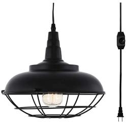 HMVPL Industrial Metal Cage Swag Pendant Light with Plug in Cord and Dimmer Switch, Hanging Ceiling Lamp for Dining Room Hallway Barn Garage, Black Finish