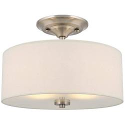 Kira Home Addison 13'' 2-Light Semi-Flush Mount Ceiling Light Fixture with Off-White Fabric Drum Shade, Brushed Nickel Finish