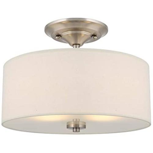 Kira Home Addison 13'' 2-Light Semi-Flush Mount Ceiling Light Fixture with Off-White Fabric Drum Shade, Brushed Nickel Finish