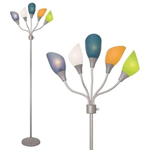 Adjustable Modern Floor Lamp by Lightaccents - Multihead Stand up Lamp Bedroom Light with 5- Head Positionable Multicolor Acrylic Reading Shades 5 arm Room Light (Grey)