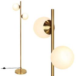 Tangkula Mid Century Globe Floor Lamp with 2 LED Bulbs for Living Room, Frosted Glass Lamp with Foot Switch, Modern Tall Pole Standing Light for Home Office, Indoor Sphere Floor Lamp (Antique Brass)