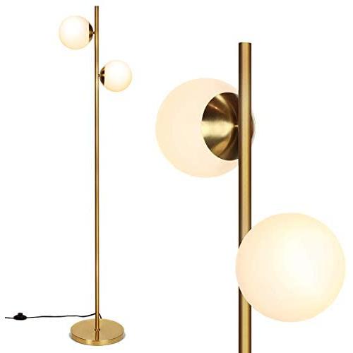 Tangkula Mid Century Globe Floor Lamp with 2 LED Bulbs for Living Room, Frosted Glass Lamp with Foot Switch, Modern Tall Pole Standing Light for Home Office, Indoor Sphere Floor Lamp (Antique Brass)