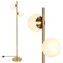 Tangkula Mid Century Globe Floor Lamp with 2 LED Bulbs for Living Room, Frosted Glass Lamp with Foot Switch, Modern Tall Pole Standing Light for Home Office, Indoor Sphere Floor Lamp (Antique Brass)