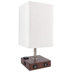 DEEPLITE Table Lamp Bedside Nightstand Lamp with Dual USB Ports and Outlet, Modern Desk Lamp with Brown Wooden Base Fabric Shade, Ambient Light for Bedroom, Living Room, Gust Room, Office (Square)