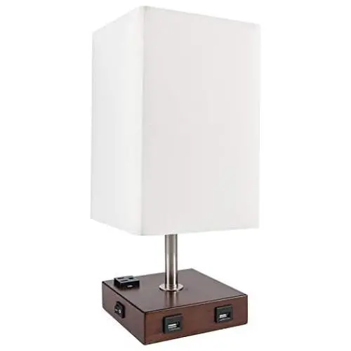 DEEPLITE Table Lamp Bedside Nightstand Lamp with Dual USB Ports and Outlet, Modern Desk Lamp with Brown Wooden Base Fabric Shade, Ambient Light for Bedroom, Living Room, Gust Room, Office (Square)