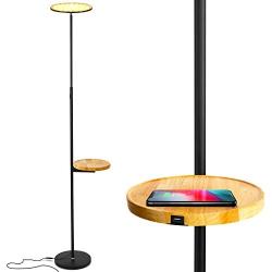 Brightech Sky Ultra LED Floor Lamp- Wireless Charging and Table Top Shelf- Tall Standing Torchiere Lamp with Bright Light- Perfect for Living Room, Bedrooms, Office, Den- Black