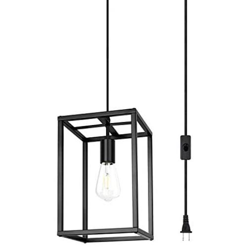 Pendant Light, Industrial Retro Loft Design, Black Rectangle Cage Hanging Ceiling Lamp, Retro Lighting Fixture for Kitchen Island Dining Room… (Plug in)