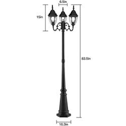 Bomcosy Outdoor Lamp Post Light, Waterproof Outdoor Post Light,Triple-Head Classic Design Black Die-Cast Aluminum Pole Street Light for Garden, Walkway, Backyard, Christmas Decoration Post Lamp