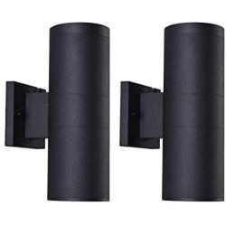 mirrea Modern Outdoor Porch Light Patio Light in 2 Lights Dusk to Dawn Photocell Sensor with Matte Black Aluminum Cylinder and Tempered Glass Cover Waterproof Wall Sconce 2 Pack