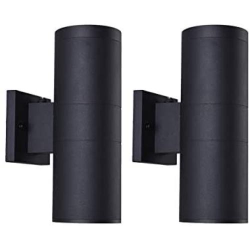 mirrea Modern Outdoor Porch Light Patio Light in 2 Lights Dusk to Dawn Photocell Sensor with Matte Black Aluminum Cylinder and Tempered Glass Cover Waterproof Wall Sconce 2 Pack