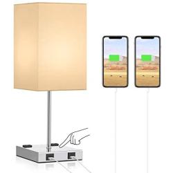 USB Touch Table Lamp, Aooshine 3 Way Touch Control Bedside Lamp with Dual USB Charging Ports & Dual 2-Pin Outlet, Gold Lampshade and Sliver Base, E26 Base 2700K Warm White LED Bulb Included