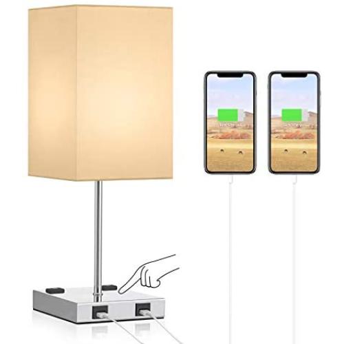 USB Touch Table Lamp, Aooshine 3 Way Touch Control Bedside Lamp with Dual USB Charging Ports & Dual 2-Pin Outlet, Gold Lampshade and Sliver Base, E26 Base 2700K Warm White LED Bulb Included