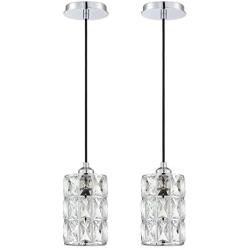 Doraimi 1 Light Polygon Crystal Pendant Lighting (Set of 2) with Chrome Finish, Modern Style Ceiling Light Fixture with Polyhedral Crystal Shade for Foyer Dining Room Family Room