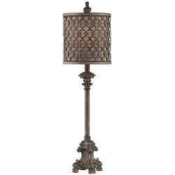 French Buffet Table Lamp Beige Scroll Metal Lattice Candlestick Framed Cylinder Shade for Dining Room - Regency Hill