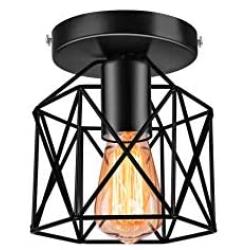 Industrial Vintage Ceiling Light Fixture, Rustic Cage Light Fixtures, E26 Black Metal Semi Flush Mount Ceiling Light Fixture for Hallway Farmhouse Stairway Porch Bedroom