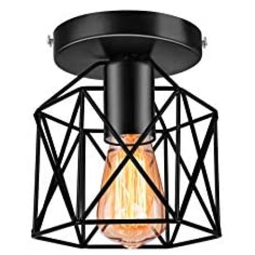 Industrial Vintage Ceiling Light Fixture, Rustic Cage Light Fixtures, E26 Black Metal Semi Flush Mount Ceiling Light Fixture for Hallway Farmhouse Stairway Porch Bedroom
