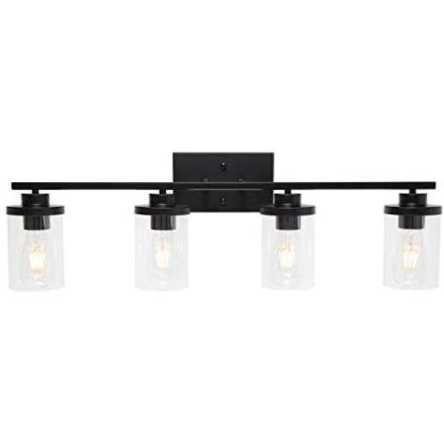 ELUZE 4-Lights Bathroom,Black Vintage Vanity Lighting with Clear Glass Shade Wall Mount Lamp for Bedroom Stairs Hallway Kitchen Vanity Mirror and Foyer