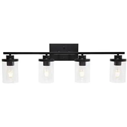 ELUZE 4-Lights Bathroom,Black Vintage Vanity Lighting with Clear Glass Shade Wall Mount Lamp for Bedroom Stairs Hallway Kitchen Vanity Mirror and Foyer