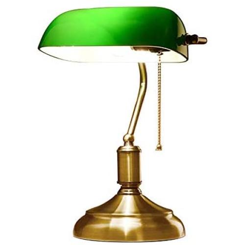 Retro Traditional Style Bankers Lamp Table lamp, Green Glass Shade Bankers Desk Lamp for Living Room Office Study Reading Metal Desk lamp (Color:Brass)