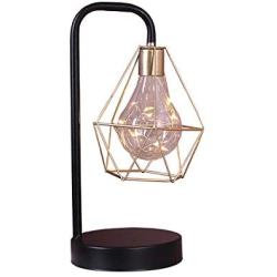 Retro Metal Table Lamp,WONFAST Hollow Diamond Shape Vintage Edison Bulb Copper Wire Reading Lamp Battery Operated BedsideNight Lights for Bedroom Office Wedding Party Christmas Decoration (Gold)