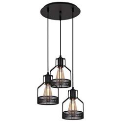 Unitary Brand Rustic Black Metal Cage Shade Dining Room Pendant Light with 3 E26 Bulb Sockets 120W Painted Finish