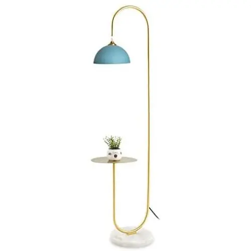 Hsyile KU300240 Modern Standing Light for Bedroom & Living Room Floor Lamp with a Table,LED Floor Lamp for Reading - Brushed Brass Finish and Blue Lamp Shade - Bulb Included