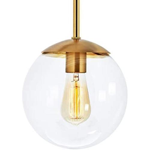 MOTINI Globe Pendant Light, 1-Light Gold Brushed Brass Pendant Lighting with 8'' Clear Glass Shade, Single Hanging Light Fixture for Kitchen Island, Dining Room