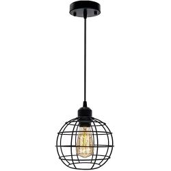 Industrial Pendant Light Fixture, Metal Cage Black Pendant Light, E26 Socket Vintage Hanging Ceiling Lamp, Max 660W, Farmhouse Pendant Lighting for Kitchen Island Dining Room (Globe Pendant Light)