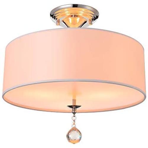 LITFAD Modern LED Ceiling Lamp Grand White Fabric Drum Shade Semi Flush Ceiling Lights Adorned with Polished Chrome Finish Iron Base and Clear Crystal Ball Pendant Light for Hotel Bedroom Living Room