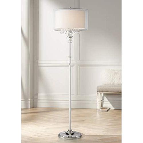 Lindy Modern Floor Lamp Polished Nickel Silver Organza White Linen Double Drum Shade Crystal Dangle for Living Room Reading Bedroom Office - Possini Euro Design Lindy Modern Floor Lamp Polished Nickel Silver Organza White Linen Double Drum Shade Crystal Dangle for Living Room Reading Bedroom Office - Possini Euro Design
