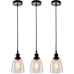 Kitchen Mini-Pendant Light Clear Glass Hanging Adjustable Nylon Core Ceramic Holder Industrial Island Lighting Fixture Indoor for Dining Room Entryway Loft (Bulb Not Included) (3 Packs)