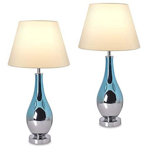 (Set of 2) 28 Inch Gray Ombre Glass Table Lamps for Living Room Desk Decorative with Metal Base Fabric Shade for Bedroom Home