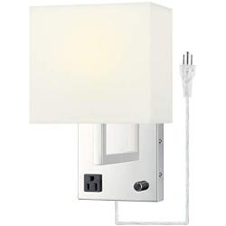 Wall Lamp Light with Outlet Living Room Beside Wall Sconces Stainless Steel Opaque Ivory Square Linen Shade